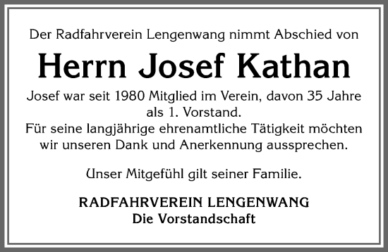 Traueranzeige von Josef Kathan von Allgäuer Zeitung, Marktoberdorf