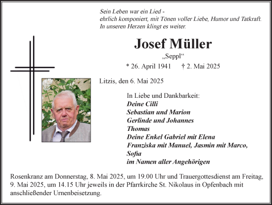 Traueranzeige von Josef Müller von Der Westallgäuer