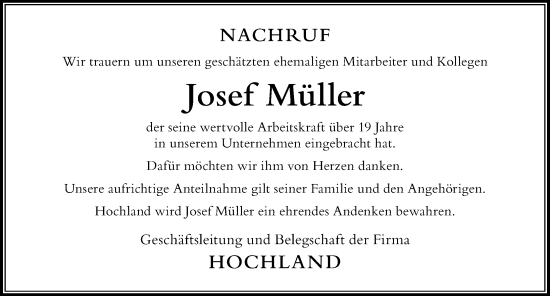 Traueranzeige von Josef Müller von Der Westallgäuer