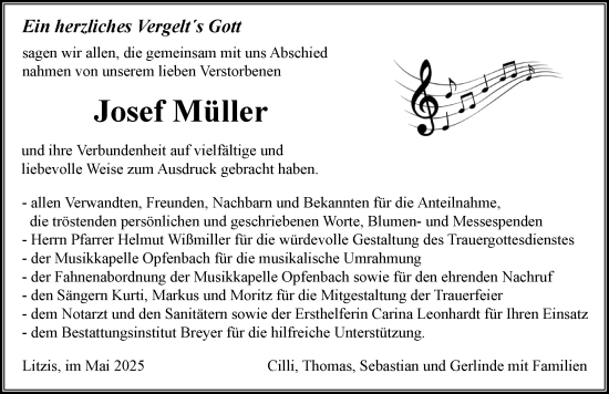Traueranzeige von Josef Müller von Der Westallgäuer