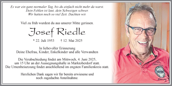 Traueranzeige von Josef Riedle von Allgäuer Zeitung, Marktoberdorf