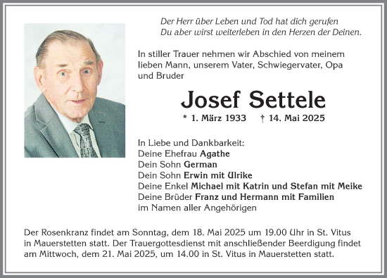 Traueranzeige von Josef Settele von Allgäuer Zeitung, Kaufbeuren/Buchloe