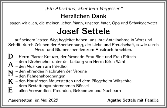 Traueranzeige von Josef Settele von Allgäuer Zeitung, Kaufbeuren/Buchloe