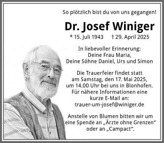 Traueranzeige von Josef Winiger von Allgäuer Zeitung, Kaufbeuren/Buchloe