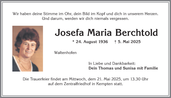 Traueranzeige von Josefa Maria Berchtold von Allgäuer Zeitung,Kempten