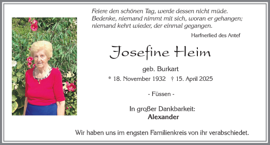 Traueranzeige von Josefine Heim von Allgäuer Zeitung, Füssen