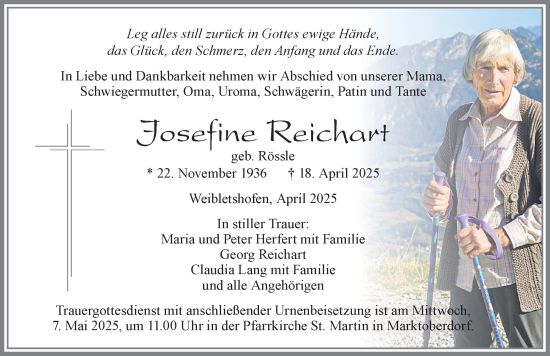Traueranzeige von Josefine Reichart von Allgäuer Zeitung, Marktoberdorf