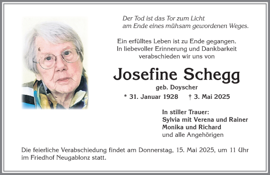 Traueranzeige von Josefine Schegg von Allgäuer Zeitung, Kaufbeuren/Buchloe