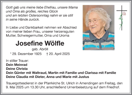 Traueranzeige von Josefine Wölfle von Memminger Zeitung