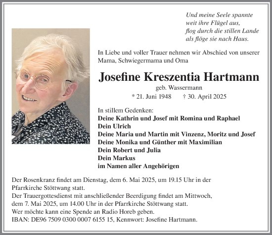 Traueranzeige von Josefine Kreszentia Hartmann von Allgäuer Zeitung, Kaufbeuren/Buchloe