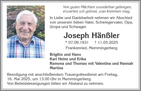 Traueranzeige von Joseph Hänßler von Memminger Zeitung