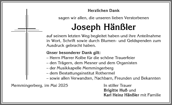 Traueranzeige von Joseph Hänßler von Memminger Zeitung