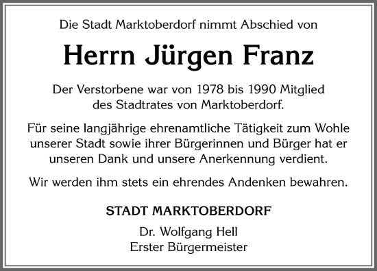 Traueranzeige von Jürgen Franz von Allgäuer Zeitung, Marktoberdorf