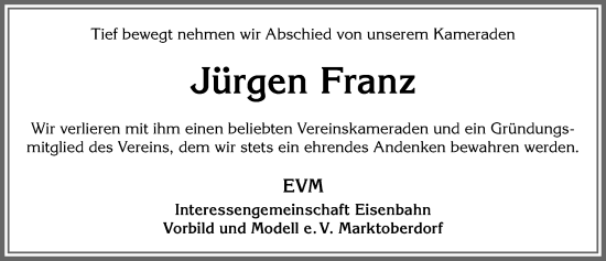 Traueranzeige von Jürgen Franz von Allgäuer Zeitung, Marktoberdorf