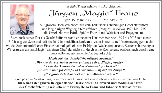 Traueranzeige von Jürgen Franz von Allgäuer Zeitung, Marktoberdorf