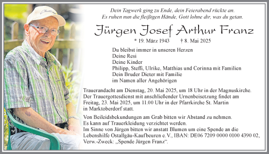 Traueranzeige von Jürgen Josef Arthur Franz von Allgäuer Zeitung, Marktoberdorf