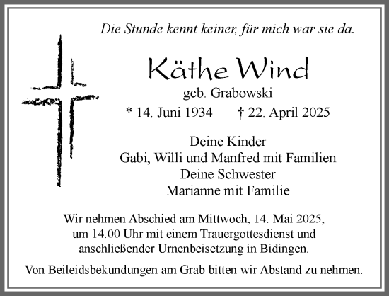 Traueranzeige von Käthe Wind von Allgäuer Zeitung, Marktoberdorf