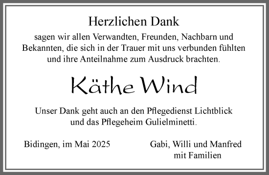 Traueranzeige von Käthe Wind von Allgäuer Zeitung, Marktoberdorf