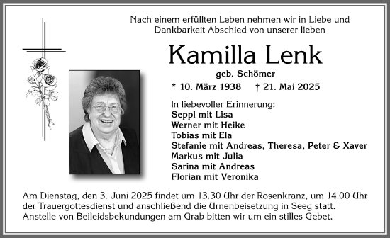 Traueranzeige von Kamilla Lenk von Allgäuer Zeitung, Füssen