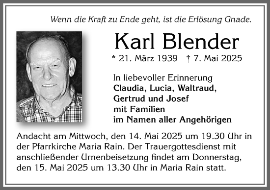 Traueranzeige von Karl Blender von Allgäuer Zeitung, Füssen