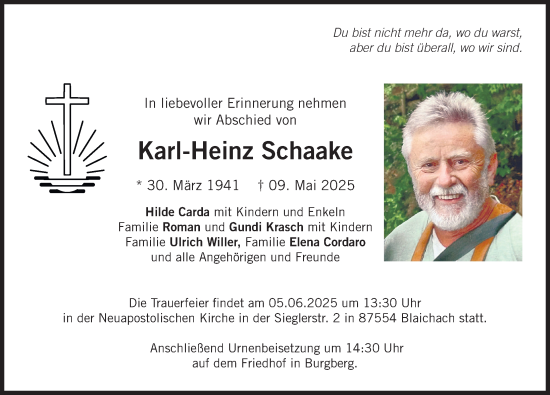 Traueranzeige von Karl-Heinz Schaake von Allgäuer Anzeigeblatt