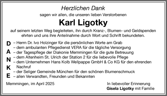Traueranzeige von Karl Ligotky von Memminger Zeitung
