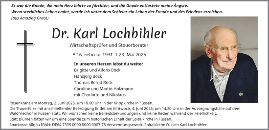 Traueranzeige von Karl Lochbihler von Allgäuer Zeitung, Füssen
