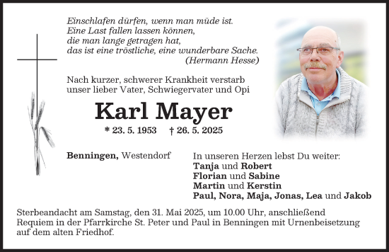 Traueranzeige von Karl Mayer von Memminger Zeitung
