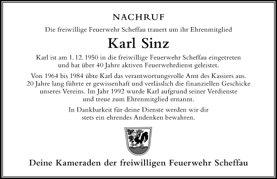 Traueranzeige von Karl Sinz von Der Westallgäuer