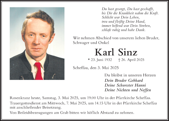 Traueranzeige von Karl Sinz von Der Westallgäuer