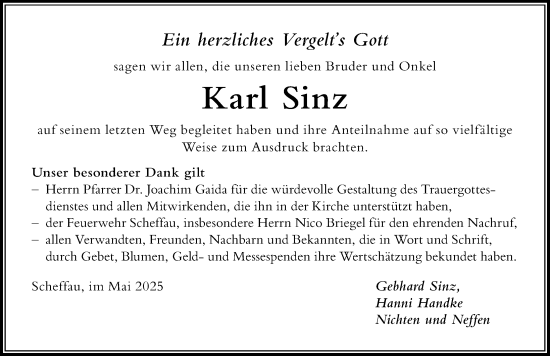 Traueranzeige von Karl Sinz von Der Westallgäuer
