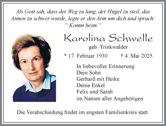 Traueranzeige von Karolina Schwelle von Allgäuer Zeitung, Marktoberdorf