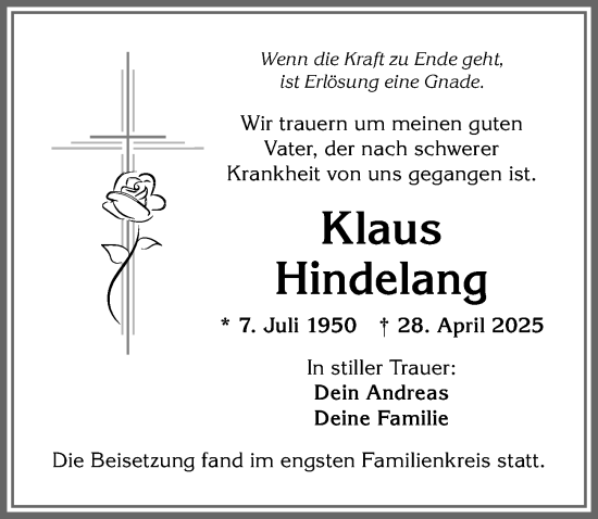 Traueranzeige von Klaus Hindelang von Allgäuer Anzeigeblatt