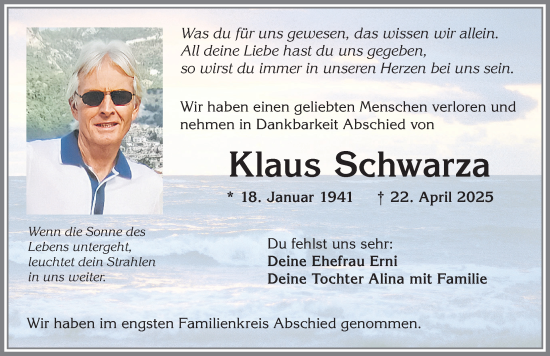 Traueranzeige von Klaus Schwarza von Allgäuer Zeitung,Kempten