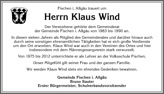 Traueranzeige von Klaus Wind von Allgäuer Anzeigeblatt