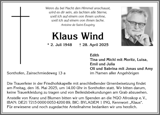 Traueranzeige von Klaus Wind von Allgäuer Anzeigeblatt