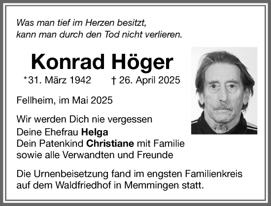 Traueranzeige von Konrad Höger von Memminger Zeitung