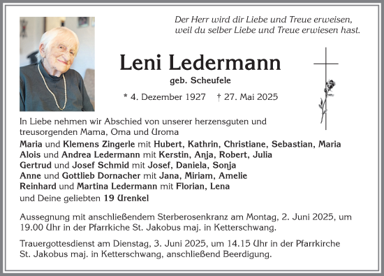 Traueranzeige von Leni Ledermann von Allgäuer Zeitung, Kaufbeuren/Buchloe