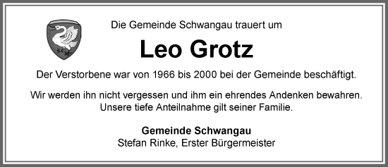Traueranzeige von Leo Grotz von Allgäuer Zeitung, Füssen