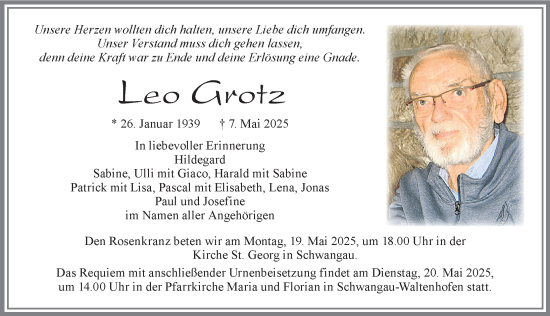 Traueranzeige von Leo Grotz von Allgäuer Zeitung, Füssen