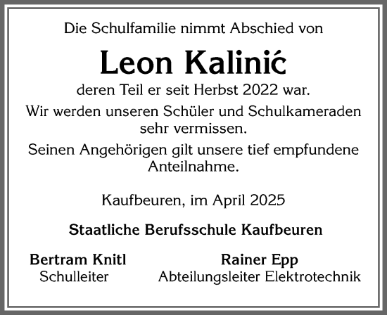 Traueranzeige von Leon Kalinic von Allgäuer Zeitung, Marktoberdorf