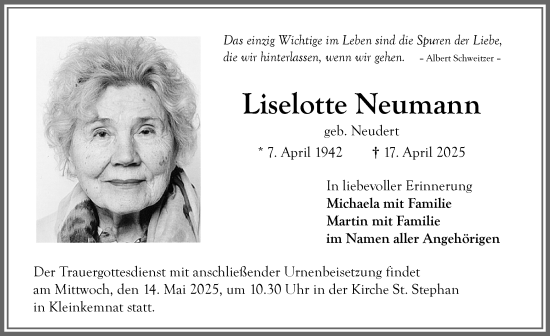 Traueranzeige von Liselotte Neumann von Allgäuer Zeitung, Kaufbeuren/Buchloe