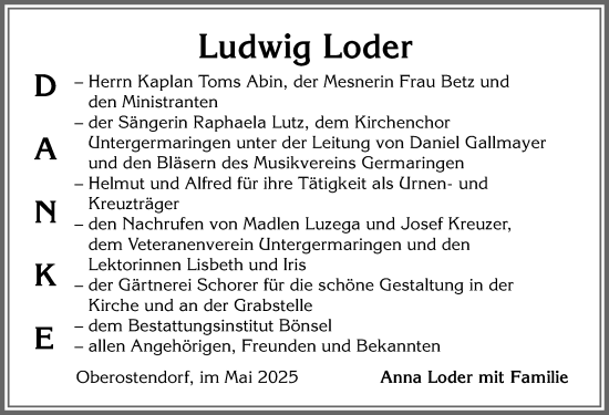 Traueranzeige von Ludwig Loder von Allgäuer Zeitung, Kaufbeuren/Buchloe