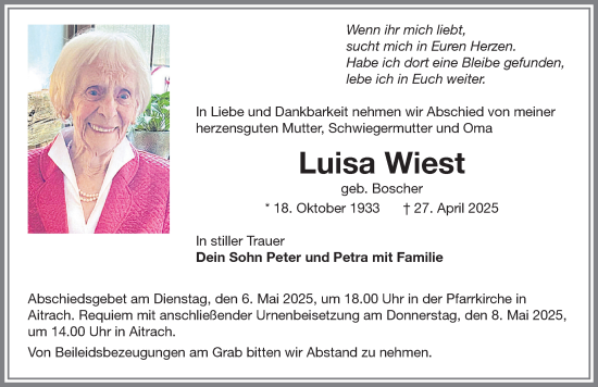 Traueranzeige von Luisa Wiest von Memminger Zeitung