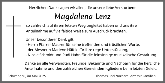 Traueranzeige von Magdalena Lenz von Allgäuer Zeitung, Füssen