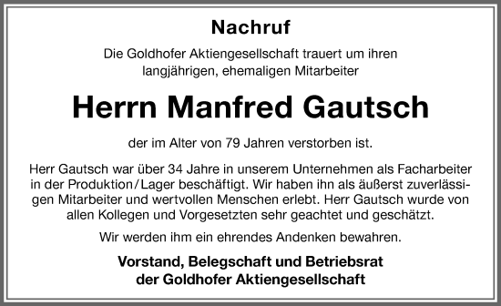 Traueranzeige von Manfred Gautsch von Memminger Zeitung