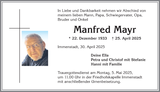 Traueranzeige von Manfred Mayr von Allgäuer Anzeigeblatt