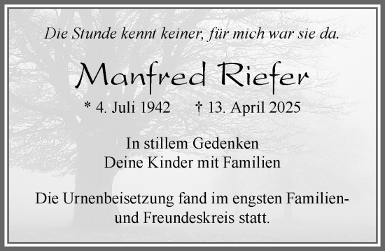 Traueranzeige von Manfred Riefer von Allgäuer Zeitung, Marktoberdorf