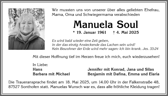 Traueranzeige von Manuela Soul von Allgäuer Zeitung