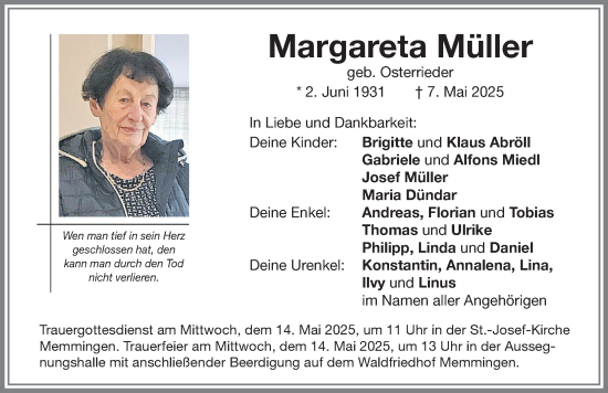 Traueranzeige von Margareta Müller von Memminger Zeitung